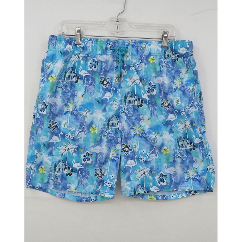 Bugatchi‎ Mens XL Blue Tropical Flamingo Palm Tree Print Mesh Lined Swim Trunks